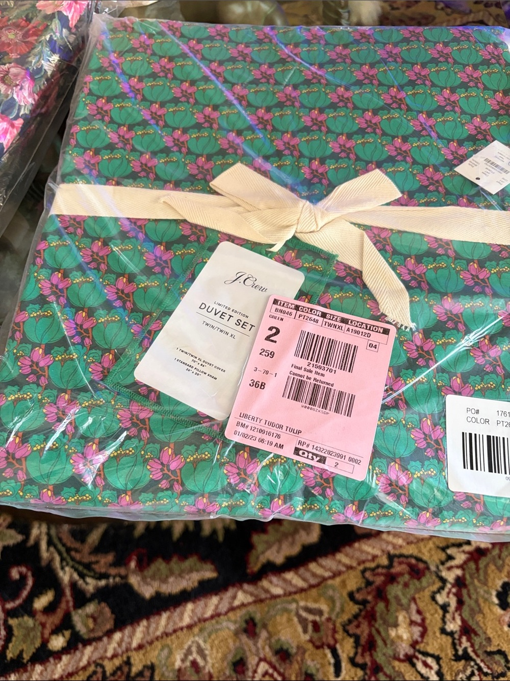 J. Crew Green Duvet Set with Pink Floral Print